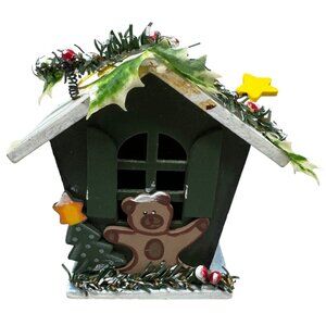 Christmas bear wood house ornament tree green star snow 4.5x4.5x3" READ